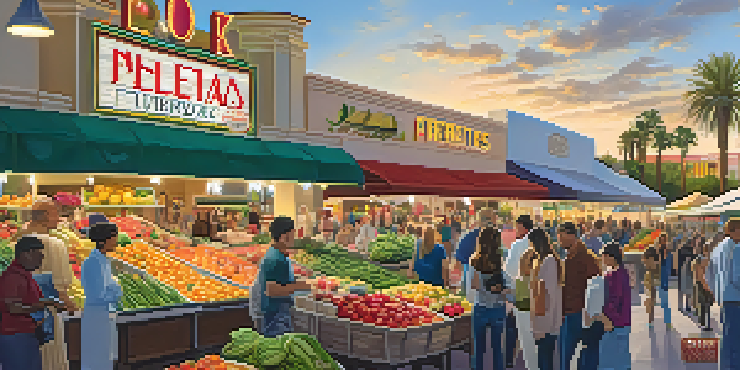 A lively farmers market in Las Vegas with colorful stalls of fresh produce and flowers, under warm sunlight, and featuring diverse people engaged in conversation.