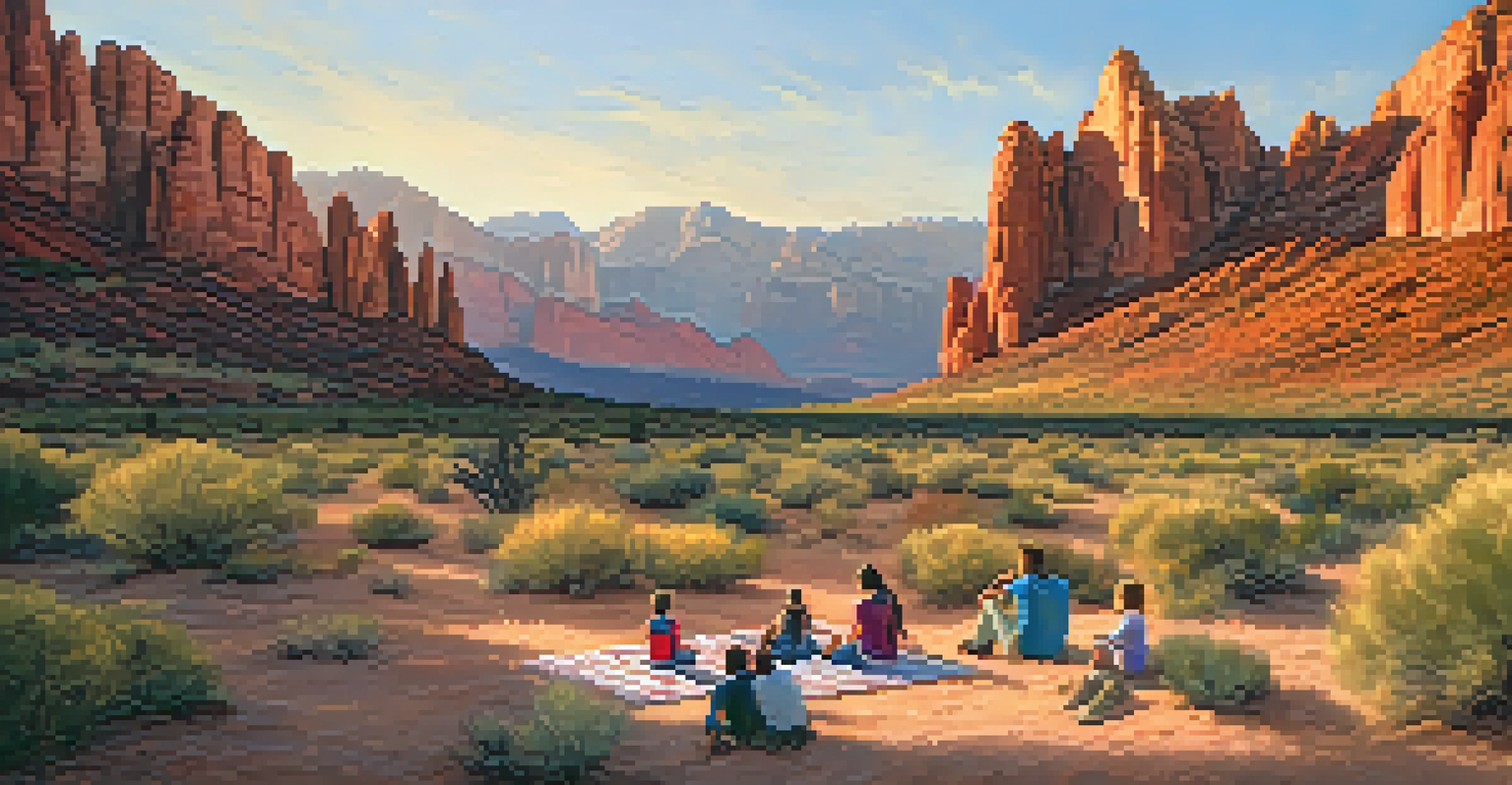 Families enjoying a picnic and hiking in Red Rock Canyon, with stunning red rock formations under warm sunlight.