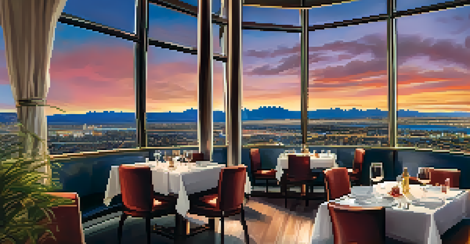 A plated filet mignon with a glass of wine, set against the glowing skyline of Las Vegas from a high-end revolving restaurant.
