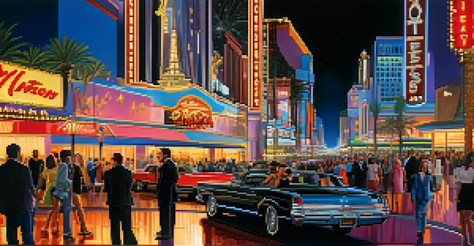 A lively nighttime scene on the Las Vegas Strip with neon lights, luxurious hotels, and celebrities mingling with fans.