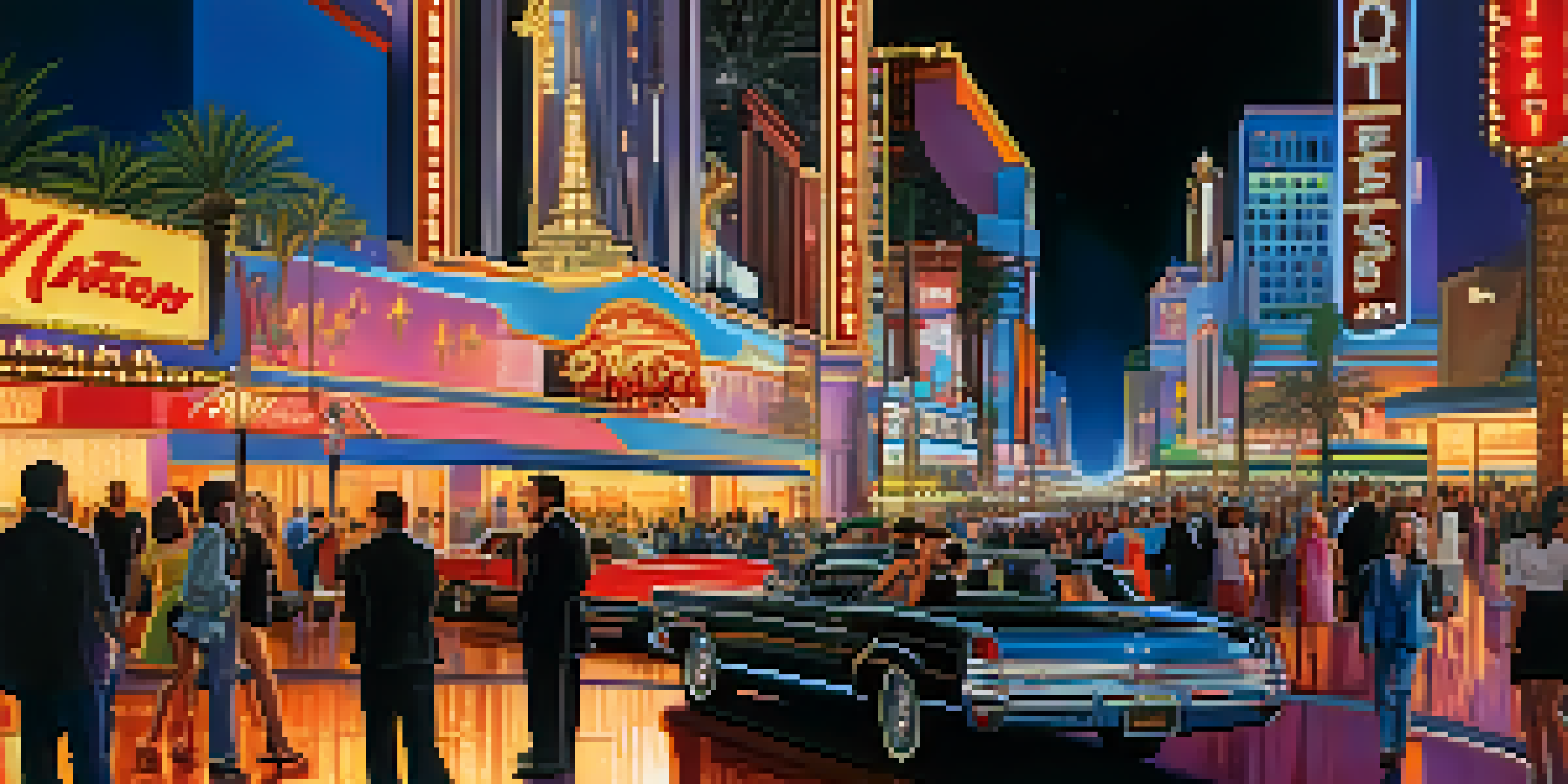 A lively nighttime scene on the Las Vegas Strip with neon lights, luxurious hotels, and celebrities mingling with fans.