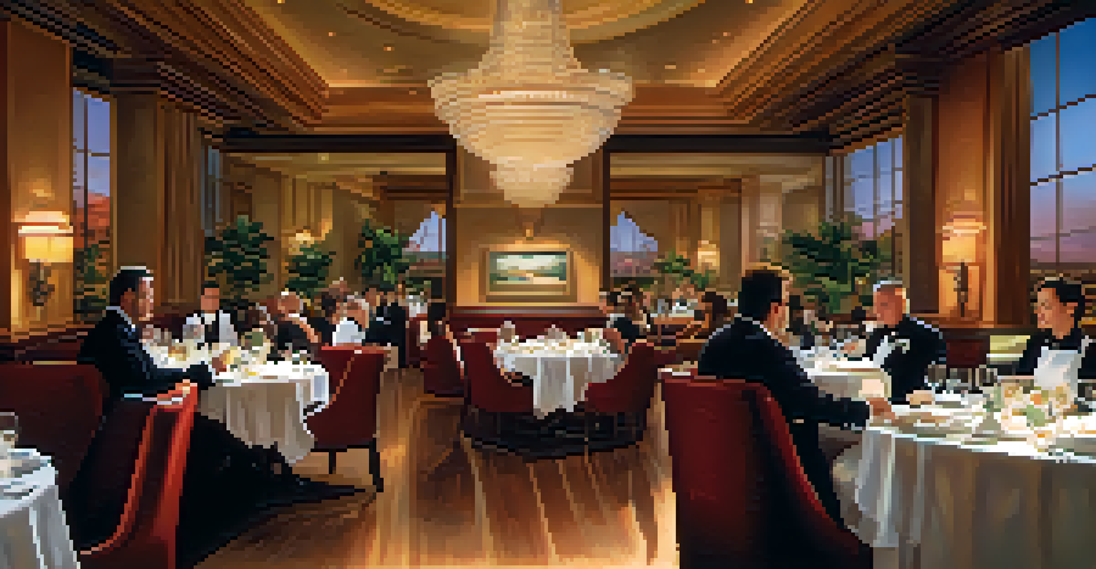 An elegant dining scene in a Las Vegas celebrity chef restaurant with beautifully plated food and a celebrity chef in the background.