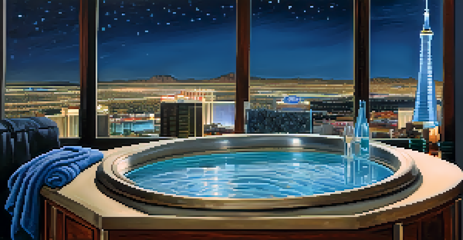 A hot tub with a view of the Las Vegas Strip and city lights at night.
