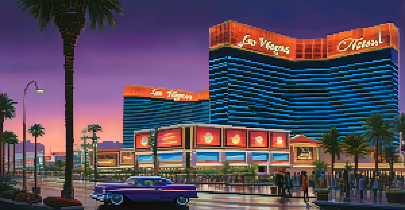 A stunning view of a Las Vegas hotel and casino illuminated by neon lights at dusk.