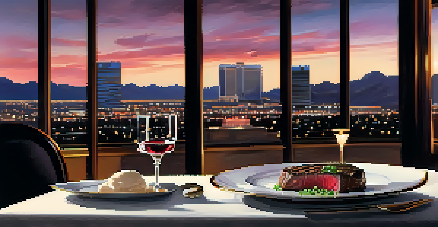 An upscale dining table featuring a plated filet mignon with a glass of red wine, set against a luxurious Las Vegas backdrop.