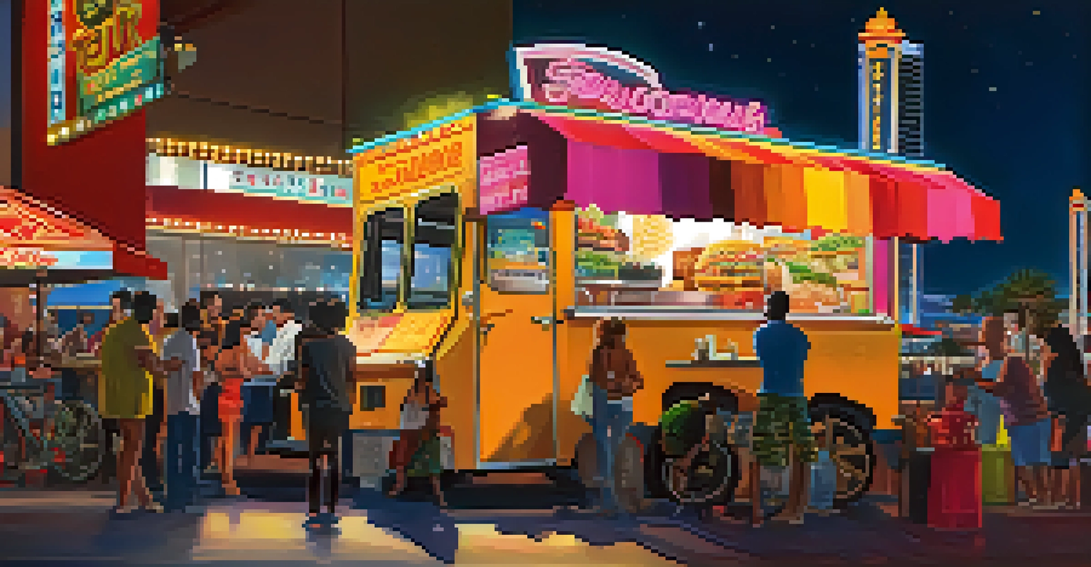 A vibrant food truck serving gourmet tacos and Asian fusion dishes in Las Vegas, with a crowd enjoying the lively nightlife atmosphere.