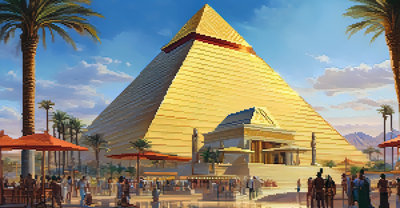 An artistic view of an ancient Egypt-themed casino in Las Vegas with a pyramid, pharaoh statues, and hieroglyphics in golden light.