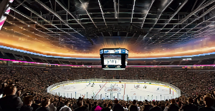 A lively hockey game at T-Mobile Arena in Las Vegas, with enthusiastic fans and bright arena lights reflecting off the ice.