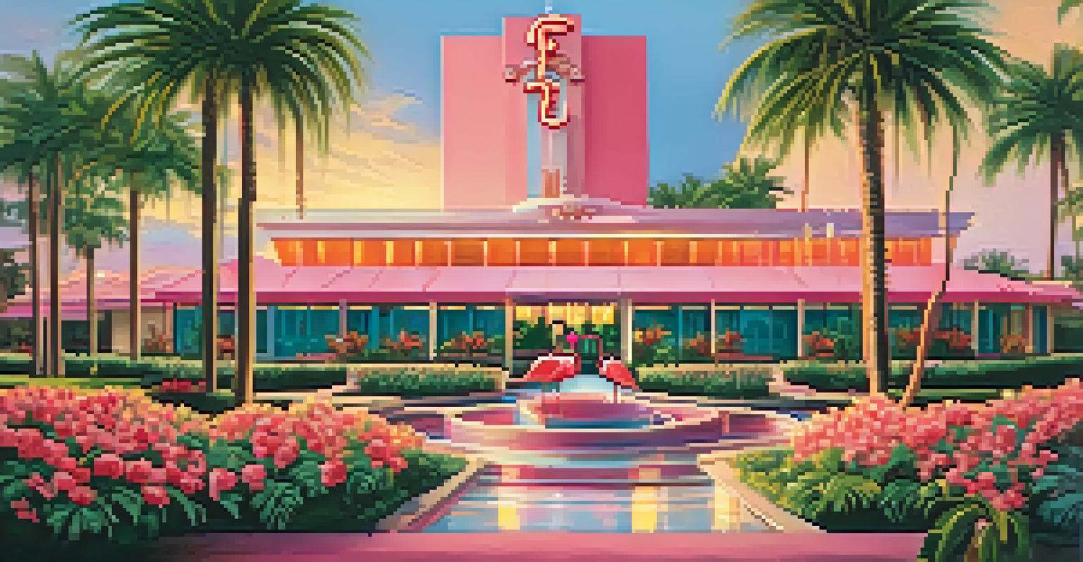 A close-up view of the Flamingo Hotel showcasing its pink architecture and tropical landscaping during sunset.