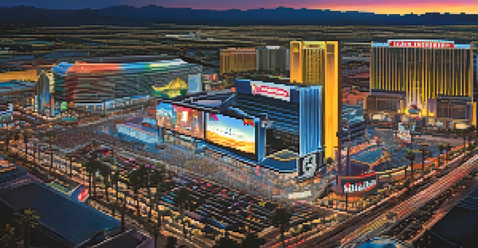 A night view of the Las Vegas Strip filled with colorful neon lights and excited sports fans outside Allegiant Stadium.