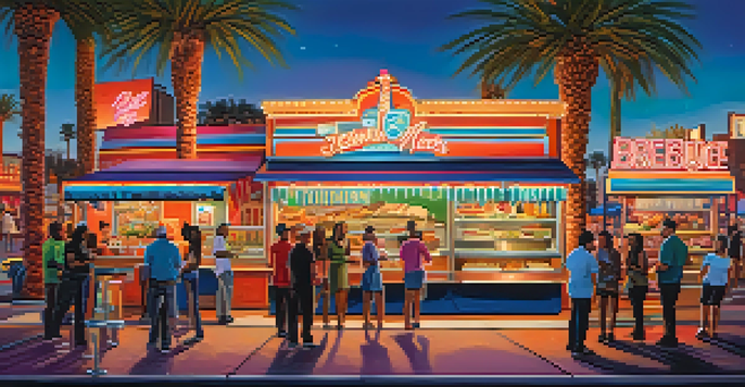A lively street scene on the Las Vegas Strip with diverse people enjoying food from trucks under colorful neon lights at dusk.
