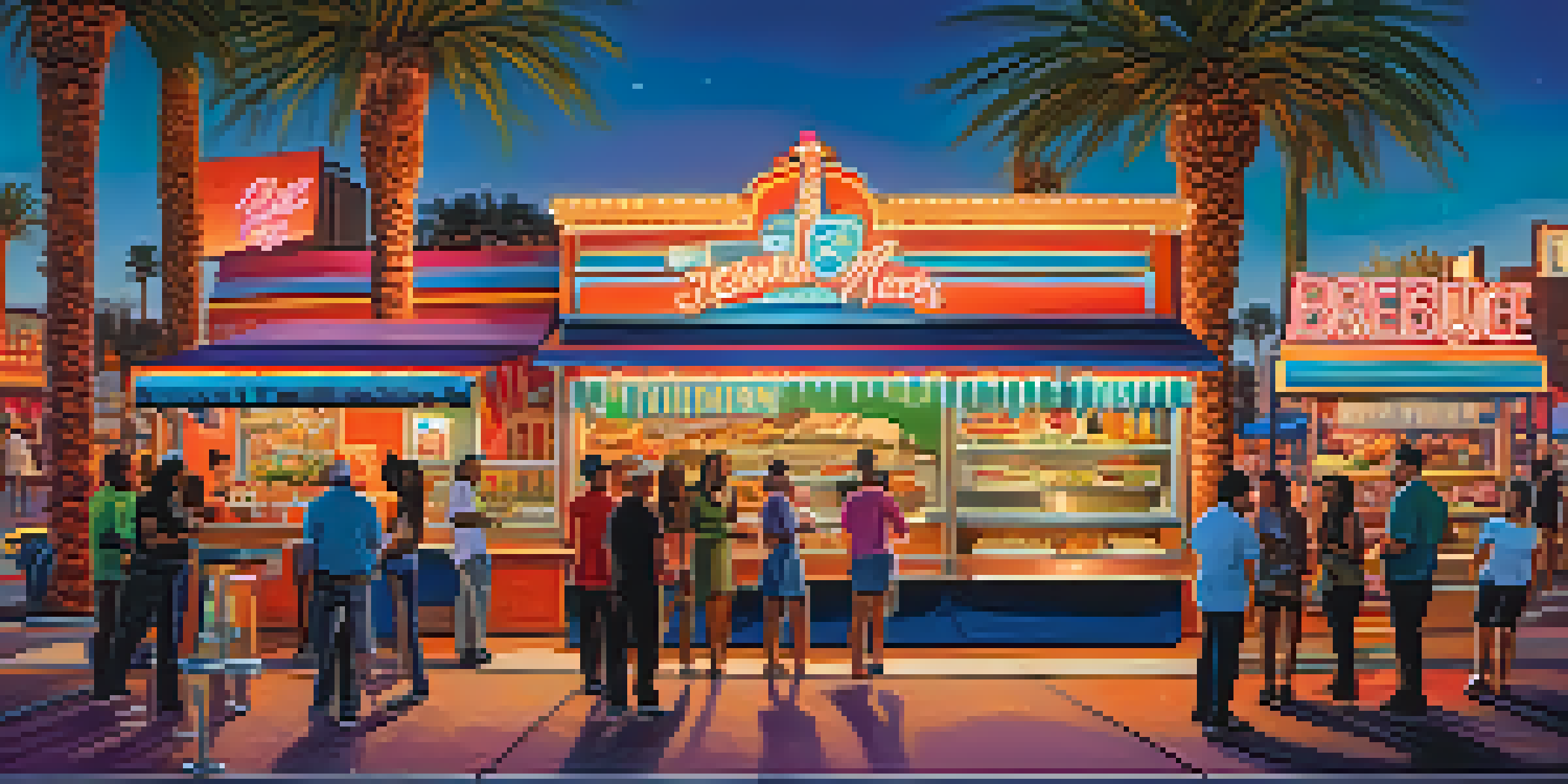A lively street scene on the Las Vegas Strip with diverse people enjoying food from trucks under colorful neon lights at dusk.