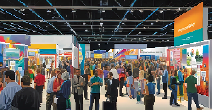 A busy trade show in Las Vegas with people networking and colorful booths displaying various products.