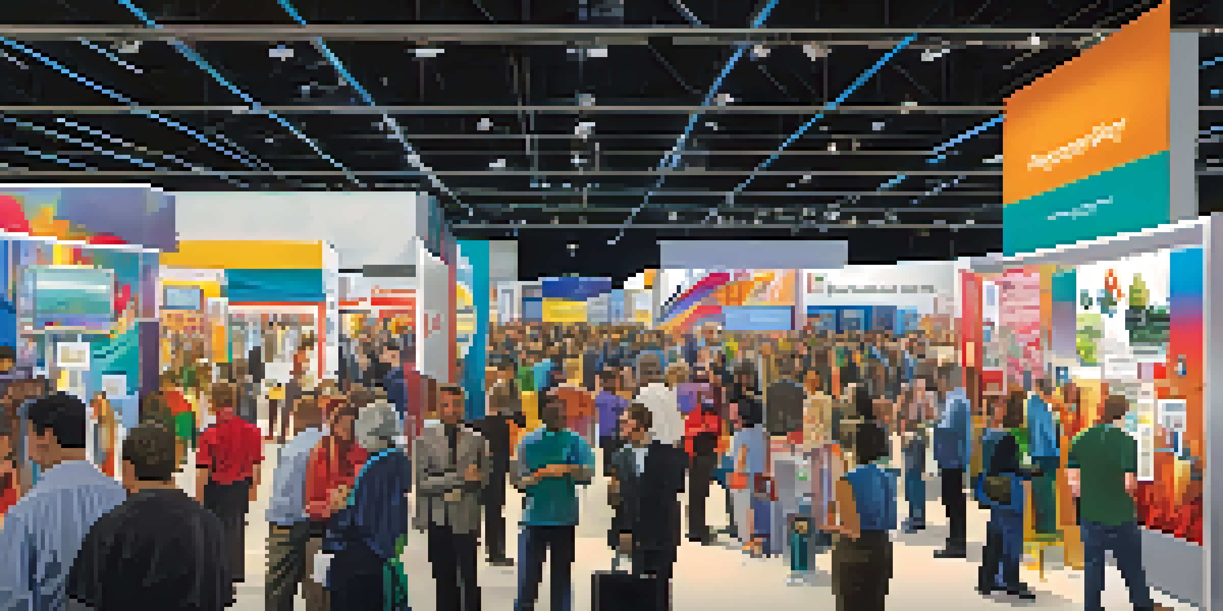 A busy trade show in Las Vegas with people networking and colorful booths displaying various products.