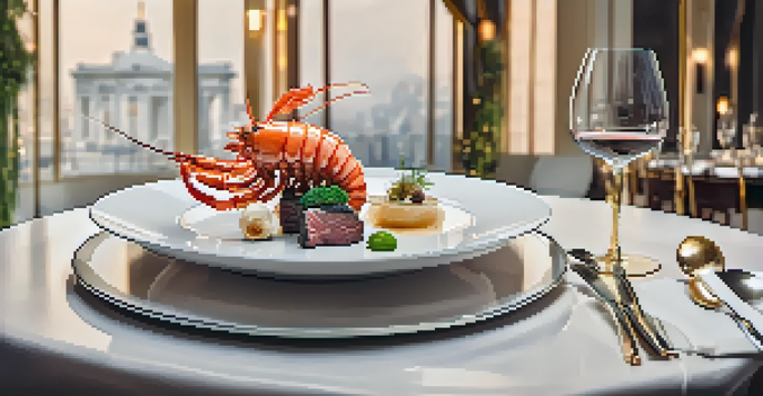 A gourmet dish with truffle langoustine and wagyu beef on an elegantly set dining table with soft ambient lighting.