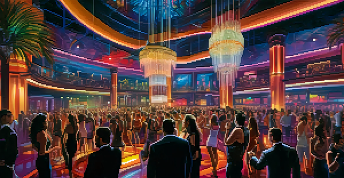 A lively nightclub with a large chandelier, colorful lights, and people dancing.