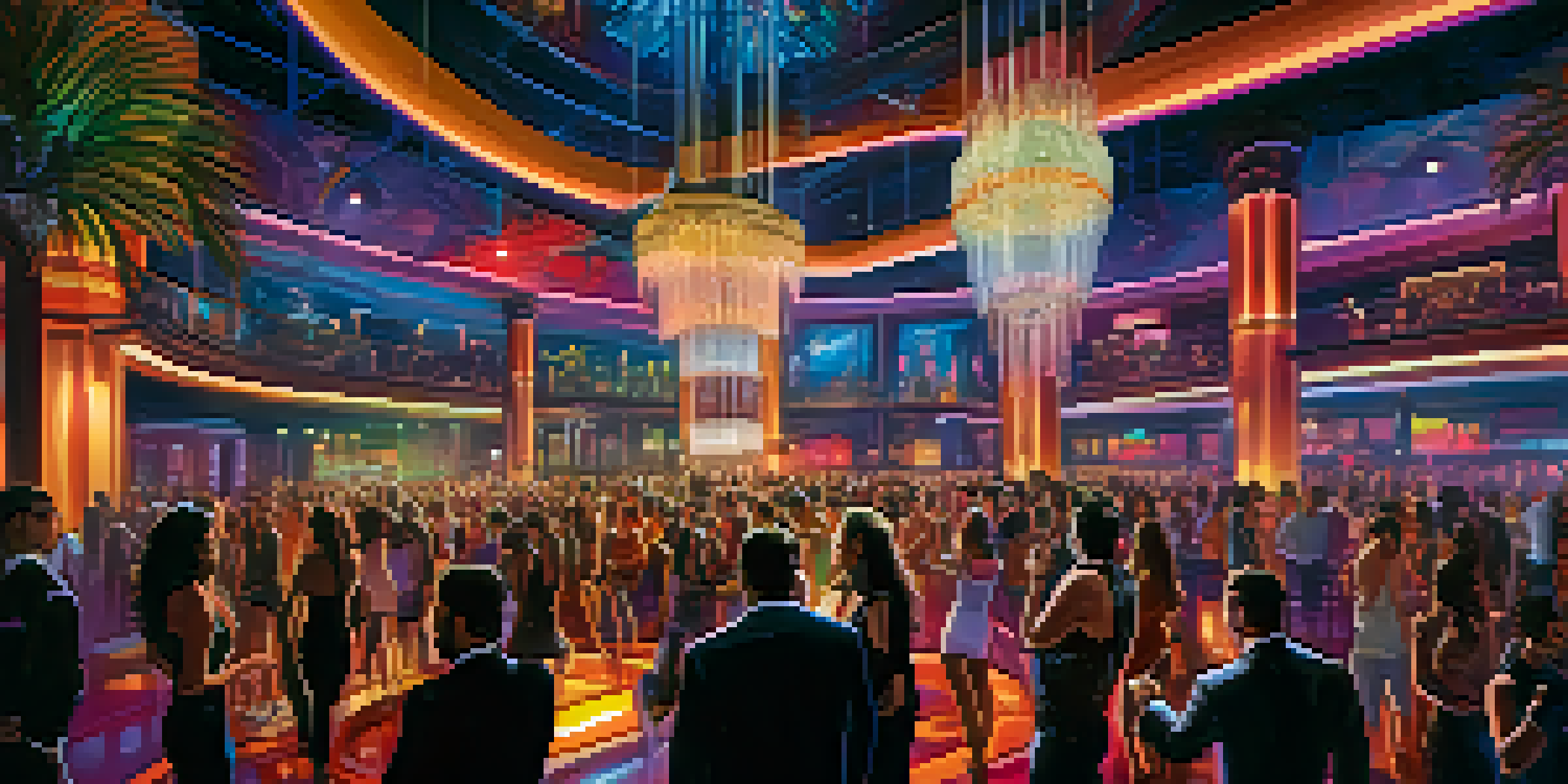 A lively nightclub with a large chandelier, colorful lights, and people dancing.