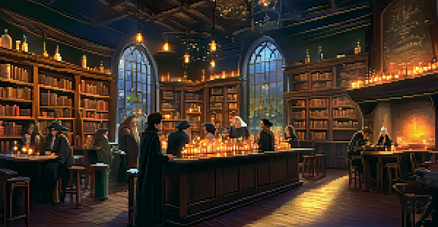 An enchanting Wizarding Bar with whimsical decor, floating candles, and patrons enjoying magical drinks.