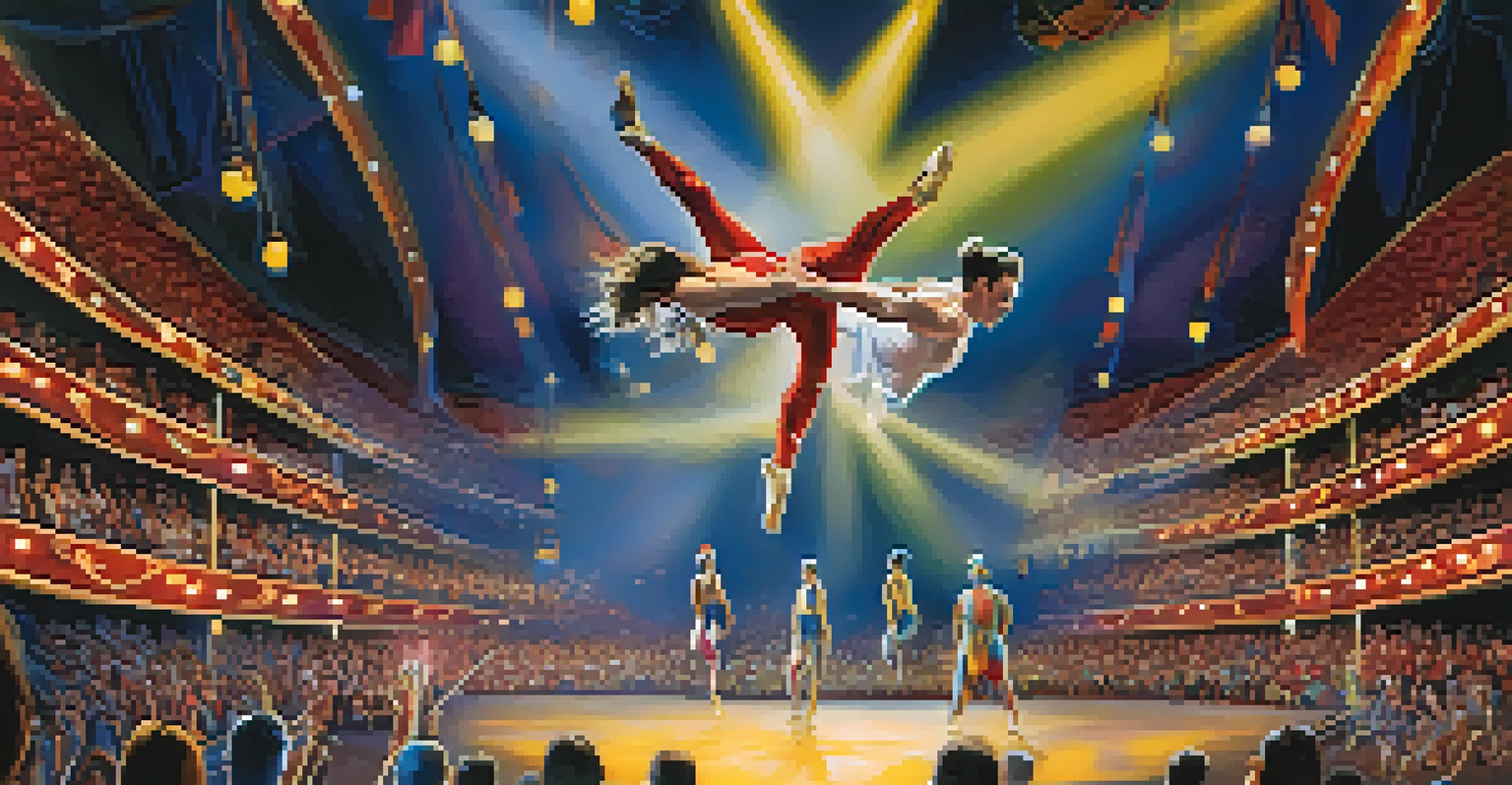 A captivating Cirque du Soleil performance featuring acrobats in mid-air, demonstrating their agility under colorful stage lights, with an engaged audience.