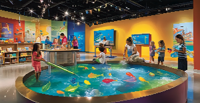 Children playing with a water exhibit in an interactive museum, with parents observing, in a colorful and bright environment.