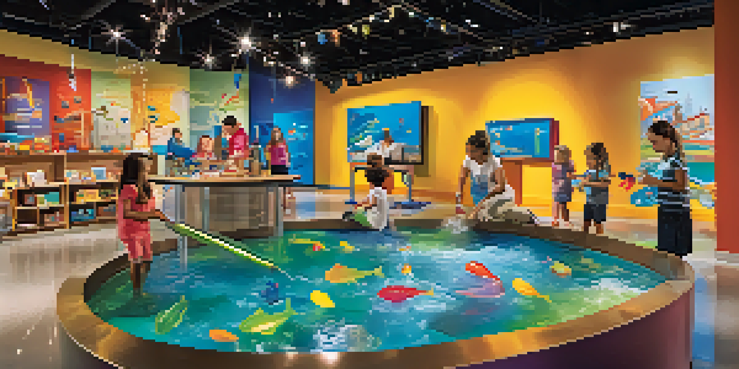 Children playing with a water exhibit in an interactive museum, with parents observing, in a colorful and bright environment.