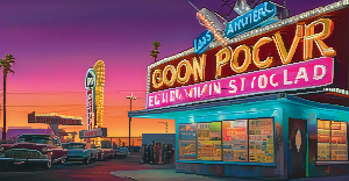 A colorful display of vintage neon signs in the Neon Boneyard of Las Vegas, set against a twilight sky with a modern skyline in the background.
