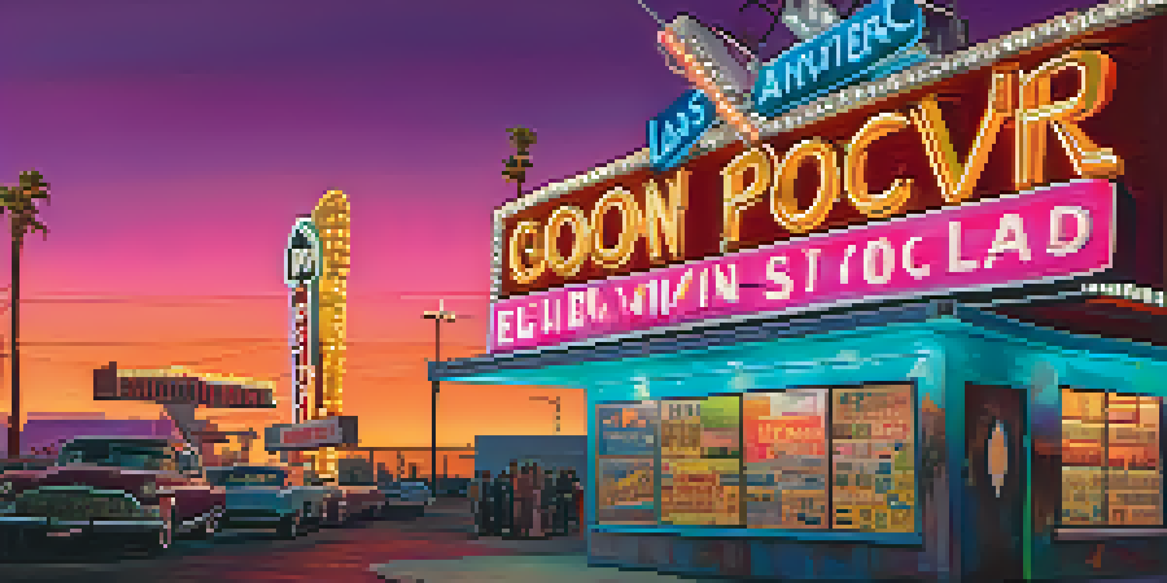 A colorful display of vintage neon signs in the Neon Boneyard of Las Vegas, set against a twilight sky with a modern skyline in the background.