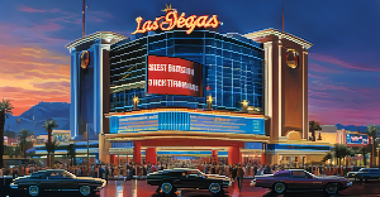 A Las Vegas casino illuminated at night with bright lights and a digital sports betting sign, bustling with people entering the venue.