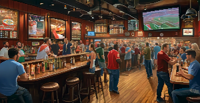 A bustling sports bar with fans cheering in front of a large screen, surrounded by sports memorabilia and enjoying food and drinks.