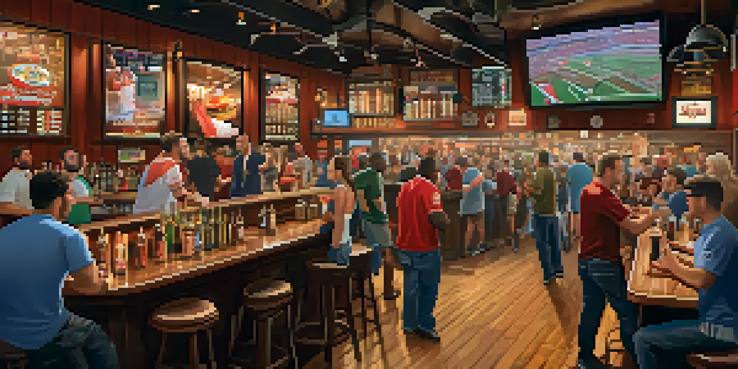 A bustling sports bar with fans cheering in front of a large screen, surrounded by sports memorabilia and enjoying food and drinks.
