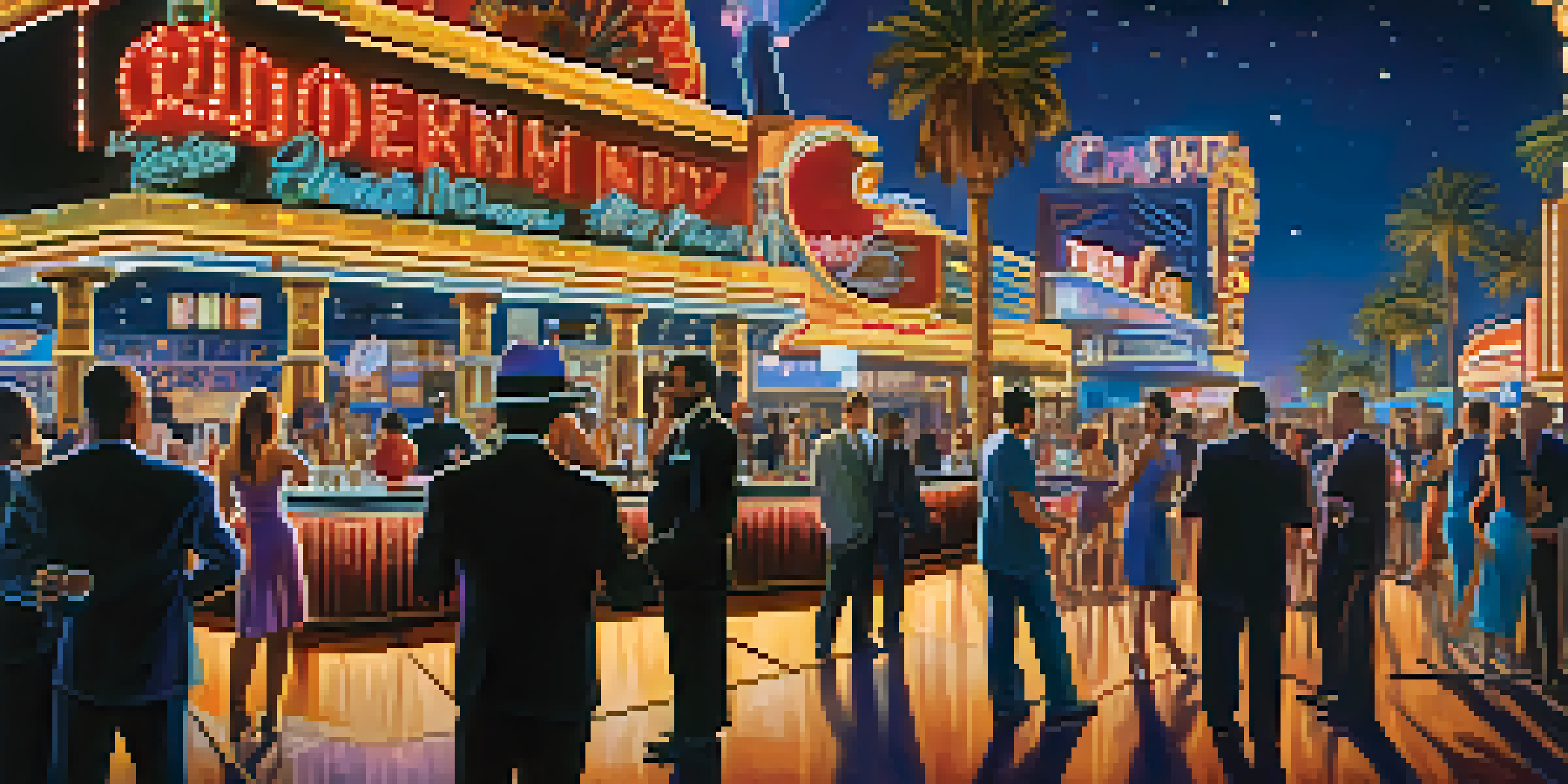 A lively outdoor bar scene in Las Vegas at night, featuring neon lights, a diverse crowd, and colorful cocktails.