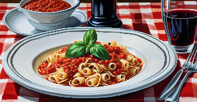 A plate of Italian pasta with tomato sauce and basil in a cozy trattoria.