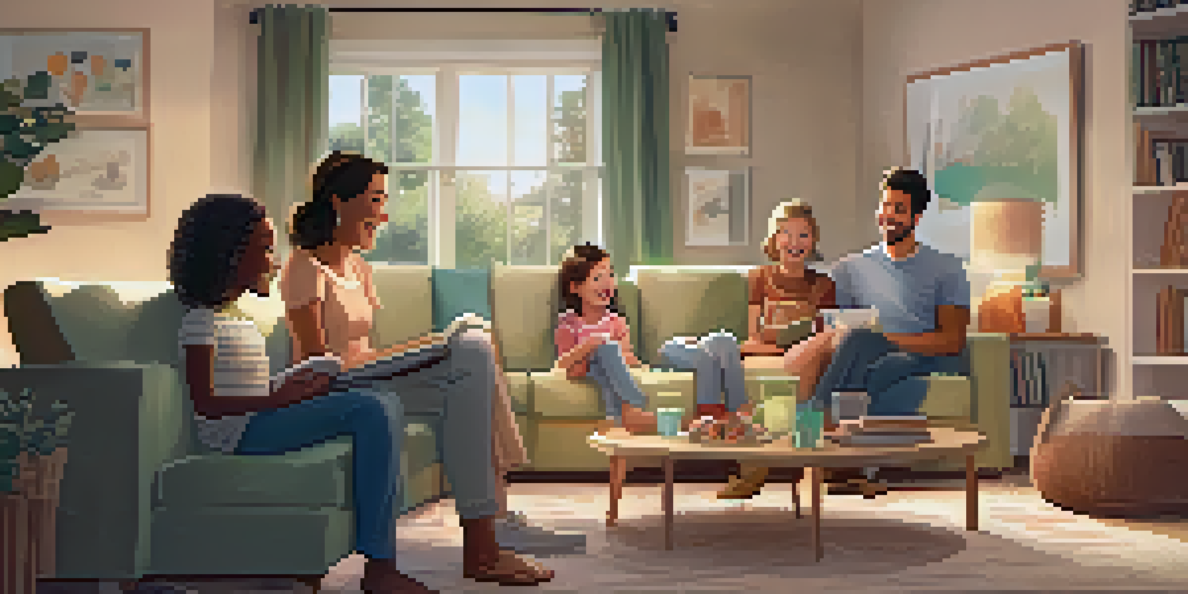 A family of four sitting on a sofa in a cozy living room, watching an animated movie together, surrounded by warm colors and soft lighting.