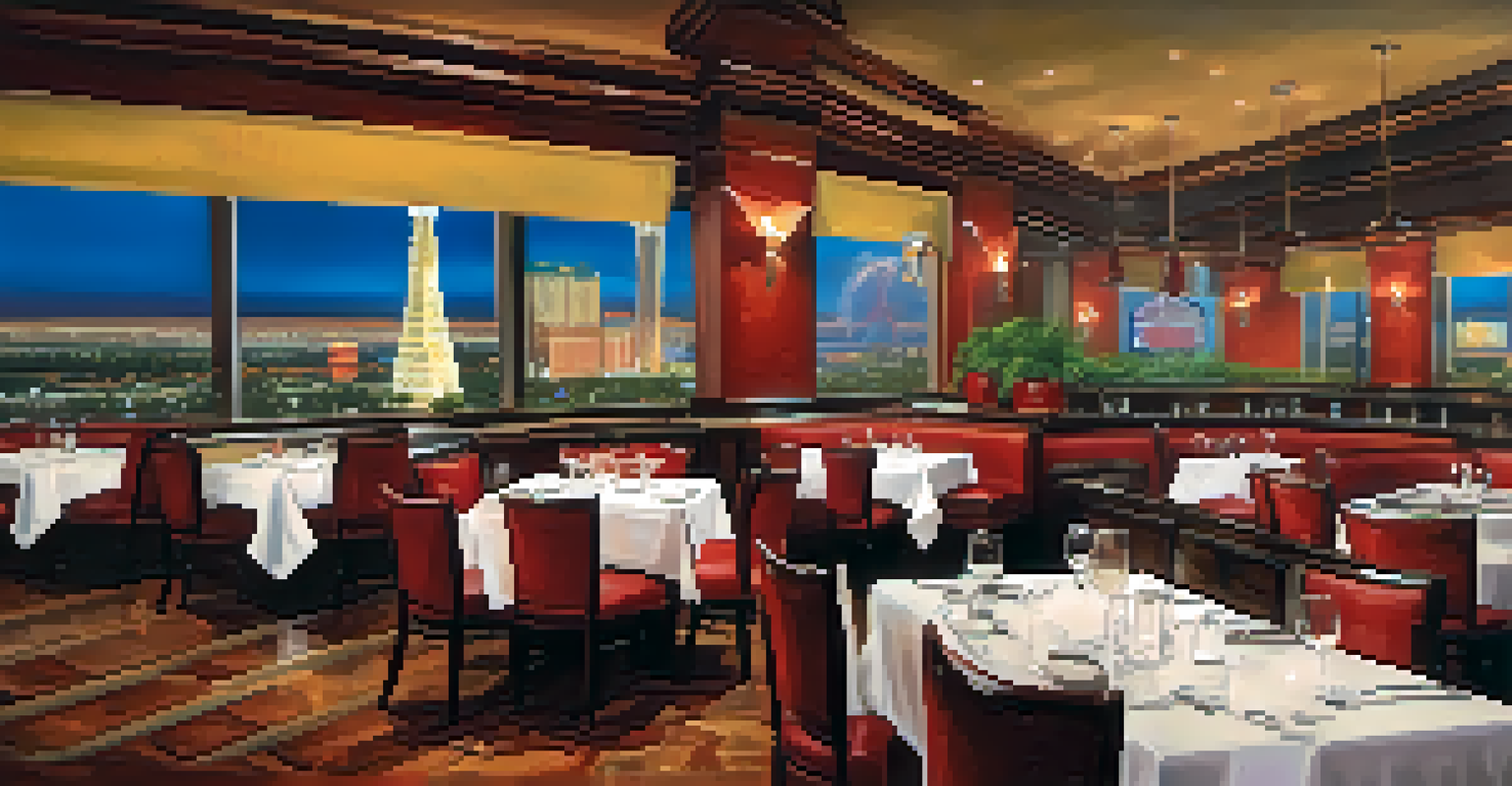 An elegant Italian restaurant with views of the Las Vegas Strip, where diners enjoy gourmet food while watching a sports game.