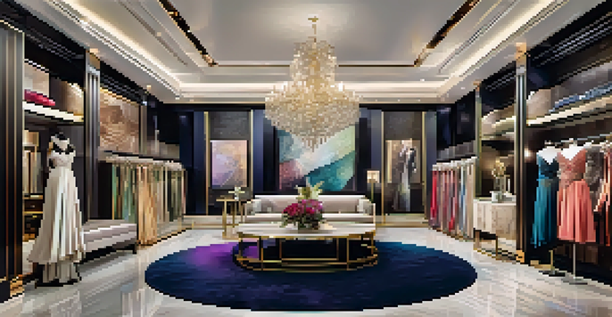 A vibrant designer showroom in Las Vegas filled with elegant evening gowns and accessories, with a stylist helping a client.