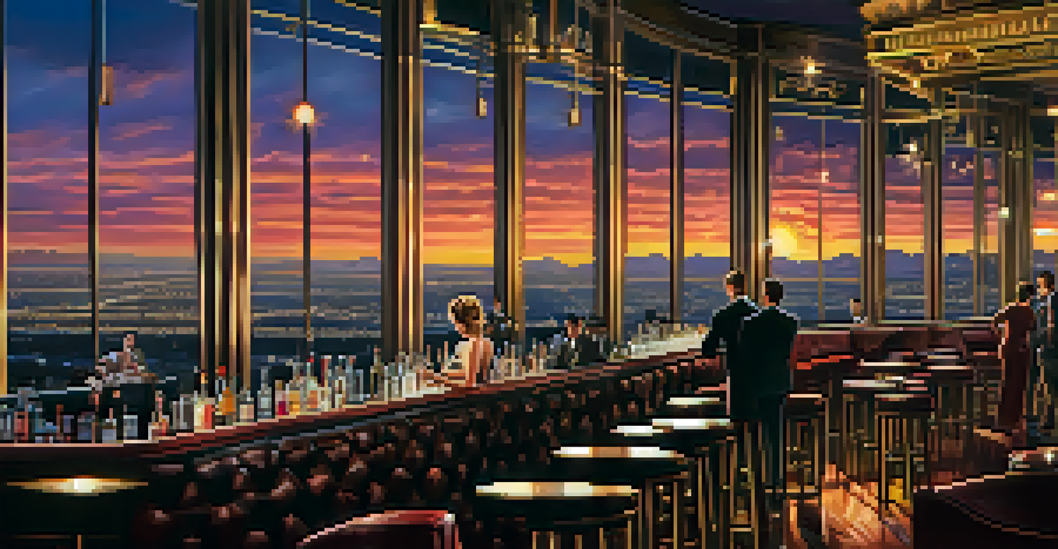 A vintage speakeasy bar with guests enjoying cocktails and beautiful views of the Las Vegas Strip at sunset.