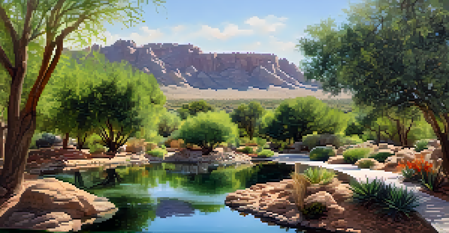 A sunny view of the Springs Preserve in Las Vegas, showcasing botanical gardens and hiking trails with the Origen Museum in the background.