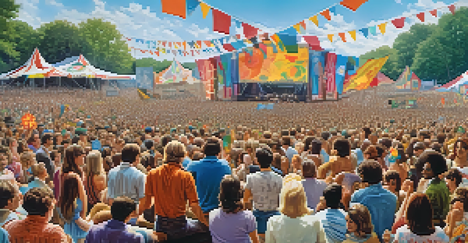 A historical image of the Woodstock music festival, capturing a diverse crowd enjoying performances with peace symbols and colorful banners.