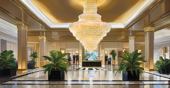 A luxurious hotel lobby featuring a grand chandelier, marble floors, and lush plants, with guests checking in.