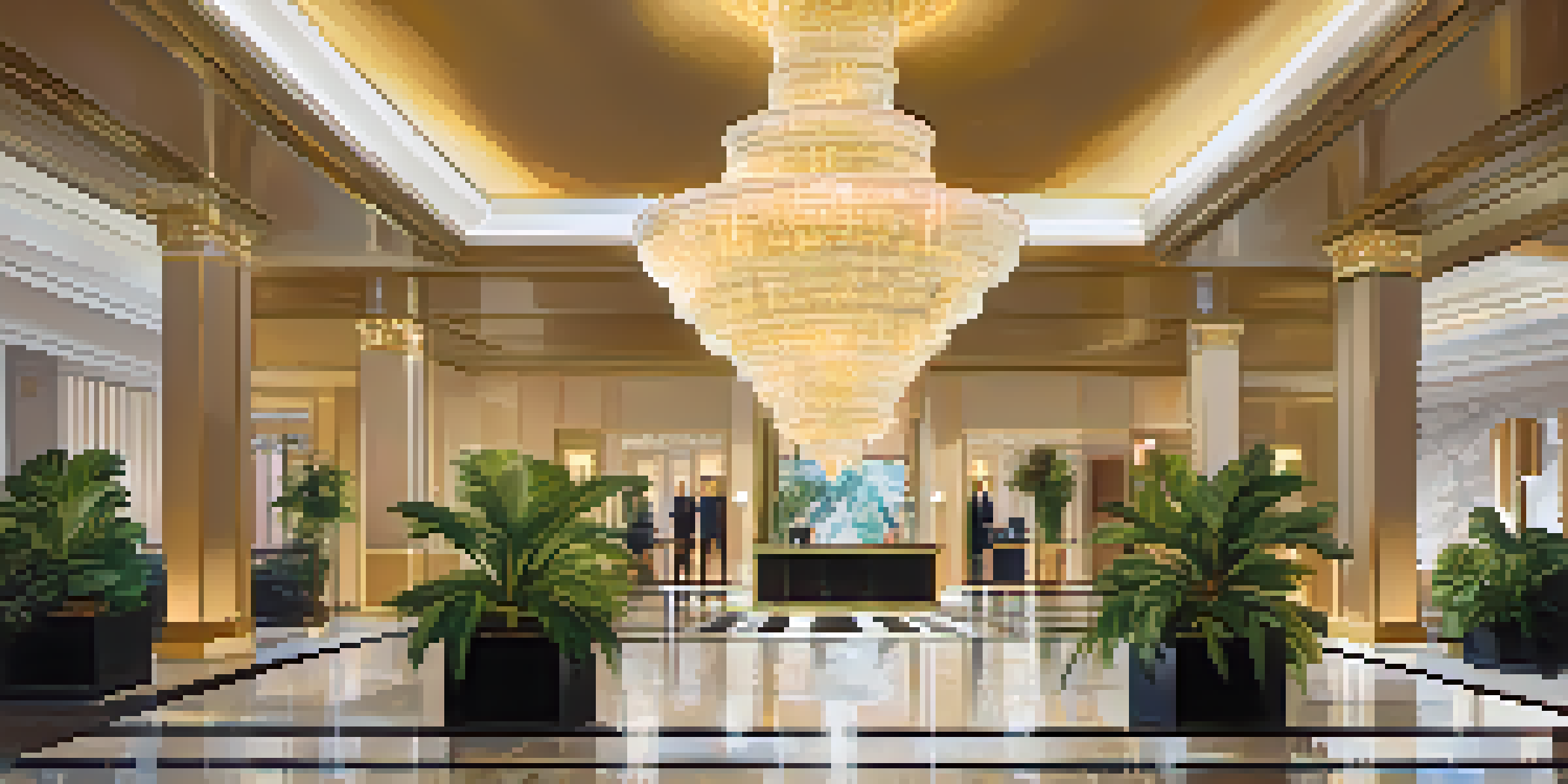 A luxurious hotel lobby featuring a grand chandelier, marble floors, and lush plants, with guests checking in.