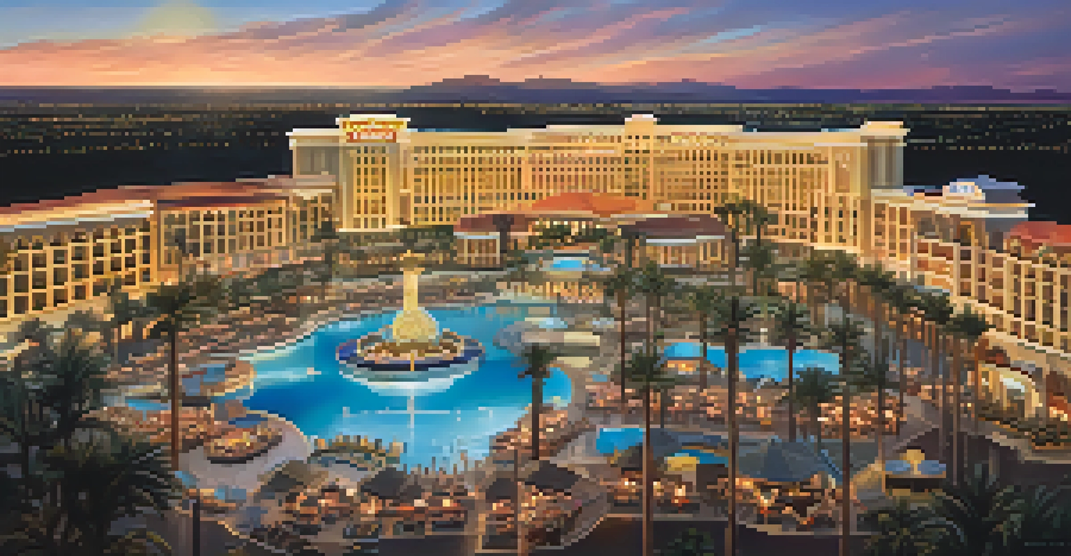 An aerial perspective of a lavish casino resort in Las Vegas with a pool and sunset.
