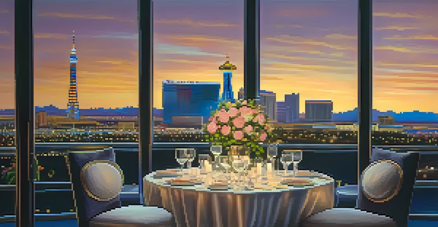 A beautifully arranged rooftop dinner with candles and flowers, overlooking the Las Vegas skyline at sunset.