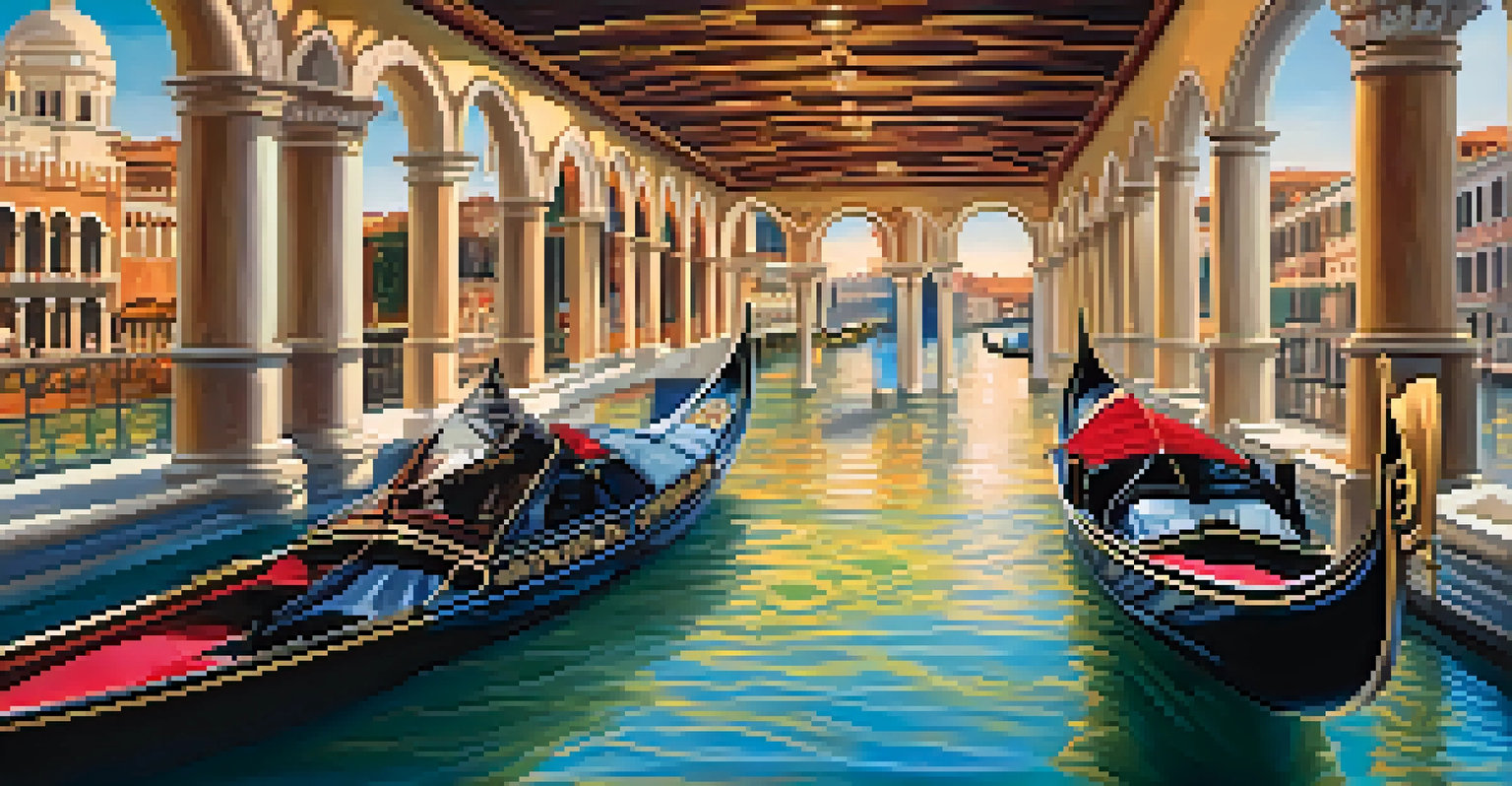 A beautiful depiction of the Venetian casino in Las Vegas, showcasing gondolas on a canal with replica landmarks and painted ceilings.