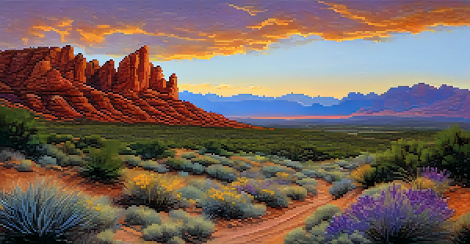 A scenic view of Red Rock Canyon at sunset with red rock formations and a colorful sky.