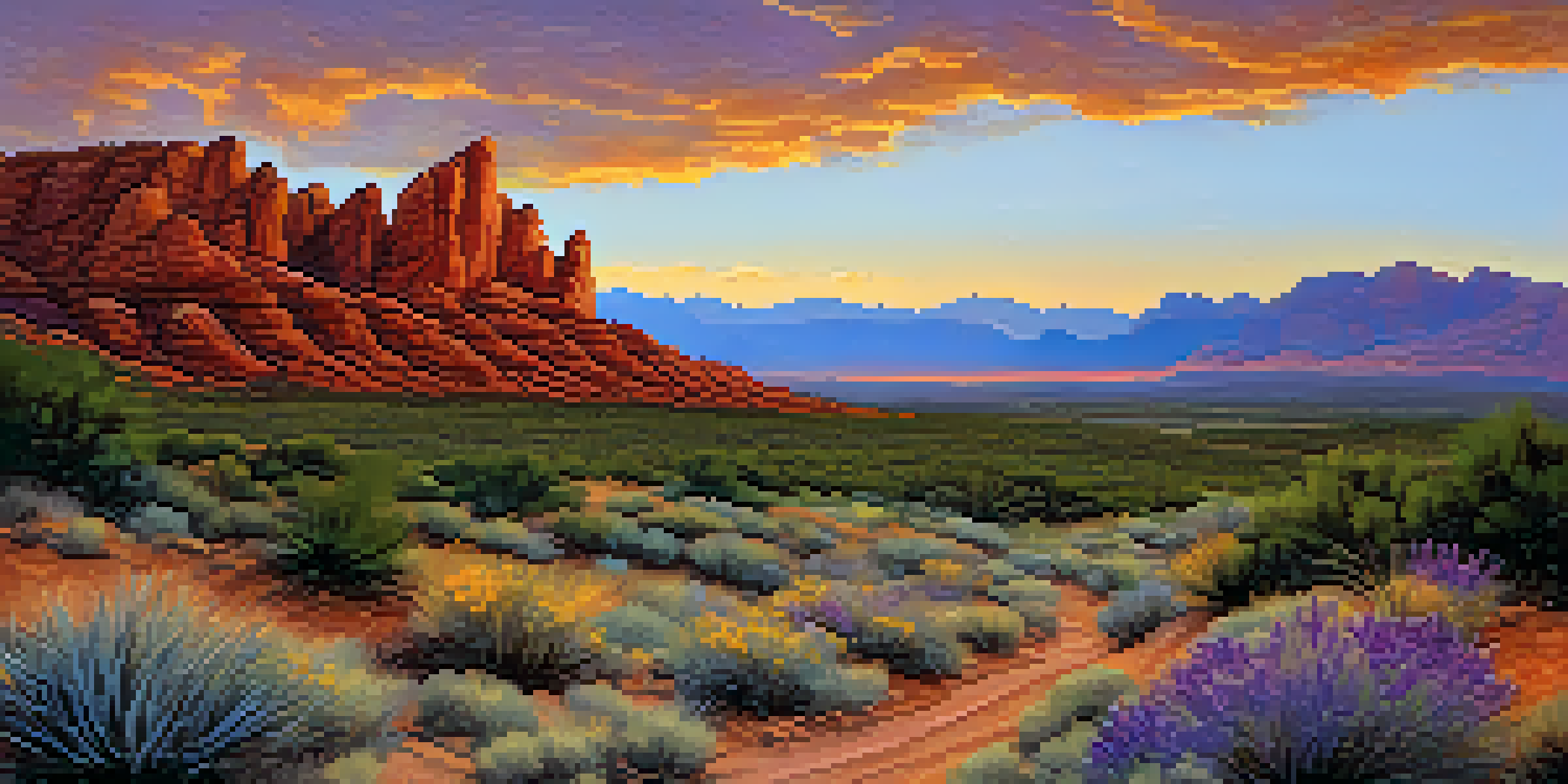A scenic view of Red Rock Canyon at sunset with red rock formations and a colorful sky.