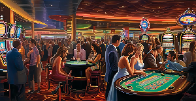 A lively Las Vegas casino with people playing games, bright slot machines, and a crowded roulette table.