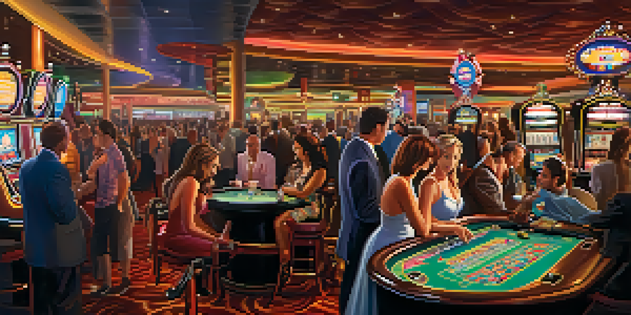 A lively Las Vegas casino with people playing games, bright slot machines, and a crowded roulette table.