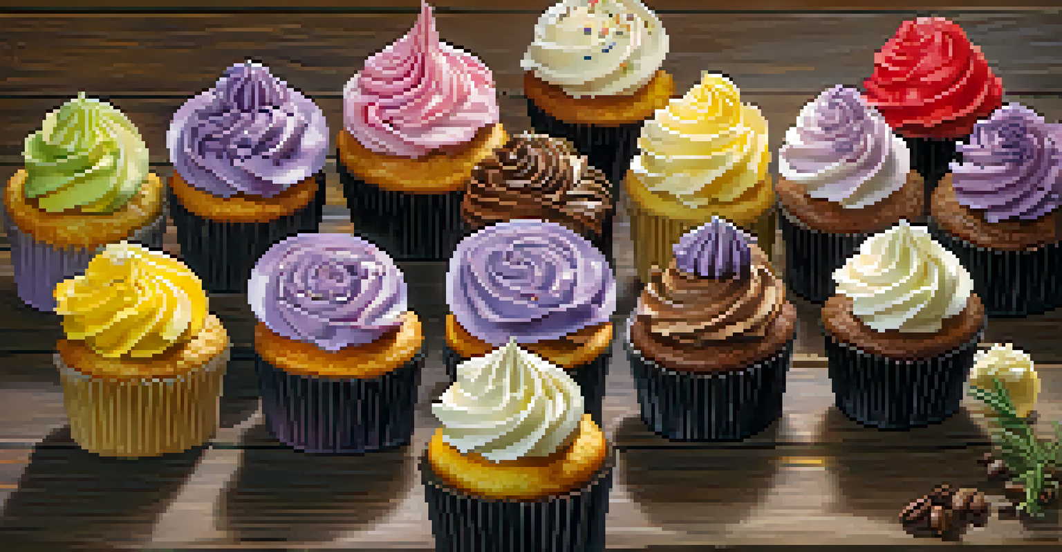 A collection of beautifully decorated gourmet cupcakes on a wooden table next to a steaming cup of coffee.