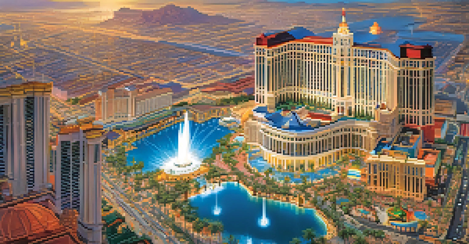 An aerial view of Las Vegas mega-resorts in the 1990s, featuring the Bellagio fountain and MGM Grand, with colorful architecture and busy crowds.