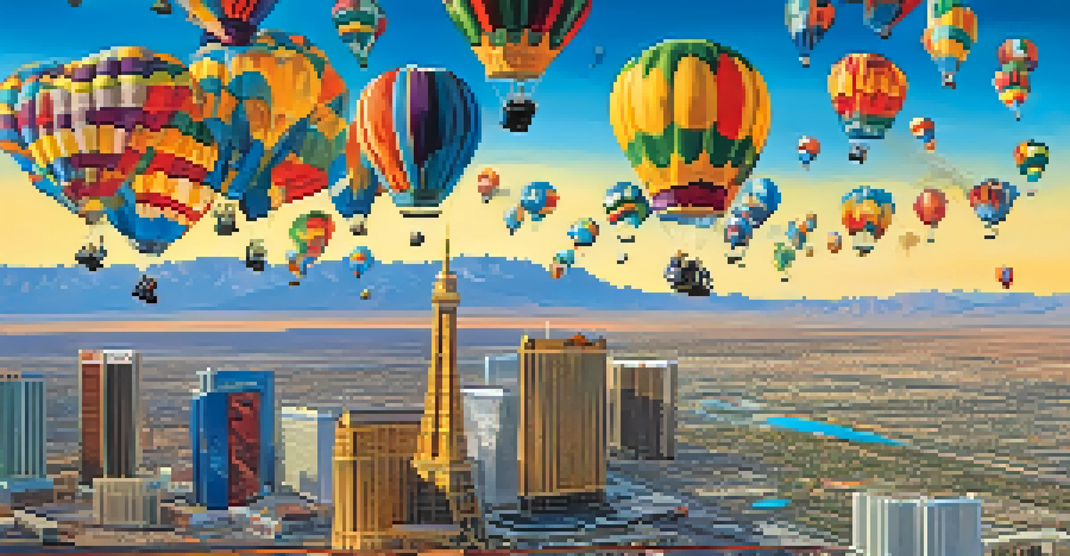 Skydivers leaping from a plane over Las Vegas, with colorful parachutes and the city skyline below.